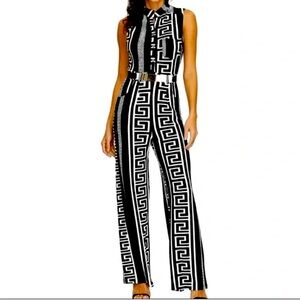 Black and White Geometric Jumpsuit with Mock Turtleneck and Wide-Leg Pants